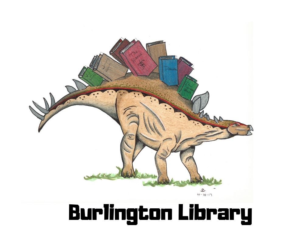 Burlington Library logo - dinosaur with books on spine